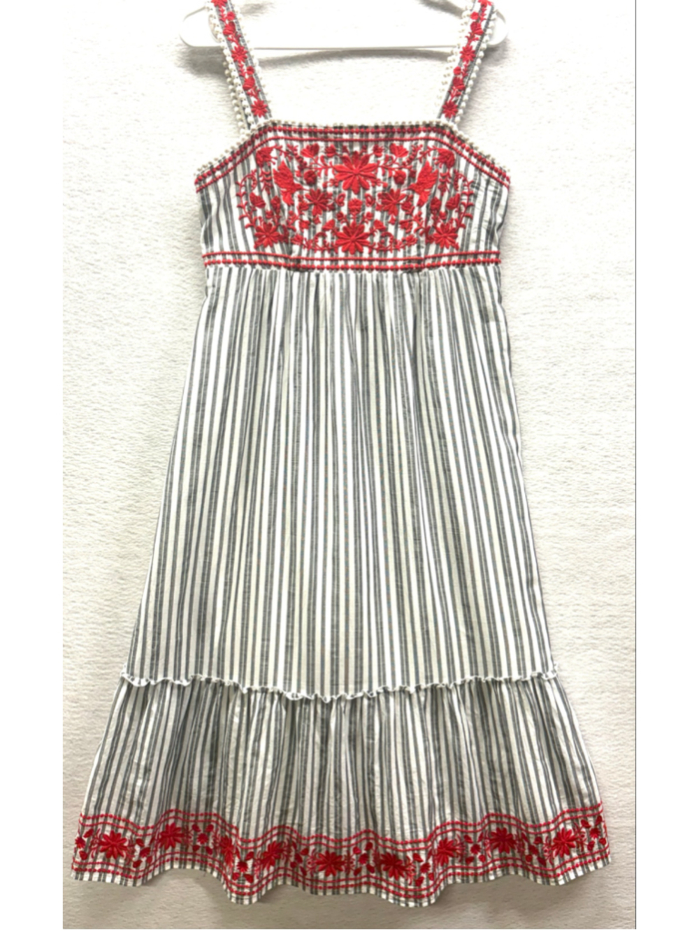 Kate Spade Broome Street Stripe Embroidered Maxi Dress Gray Red White Size M
De